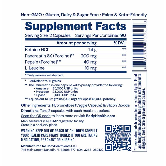 Digestive Enzymes by BodyHealth Supplement Facts 