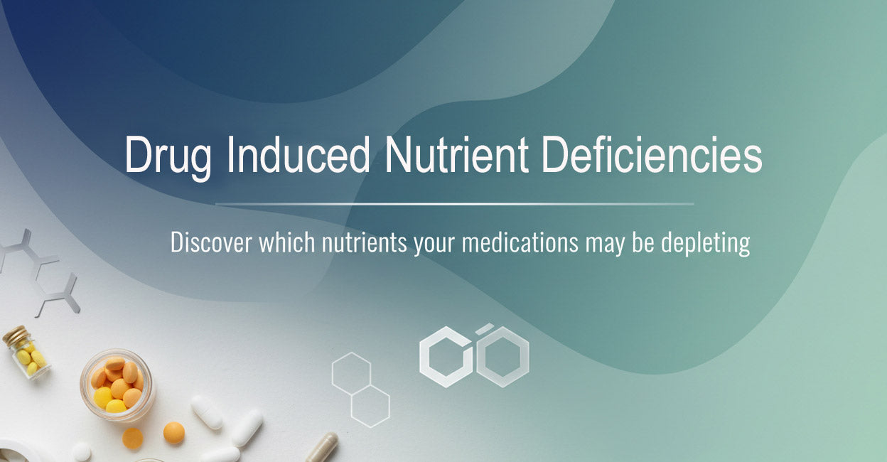 A promotional graphic with the text 'Drug Induced Nutrient Deficiencies' and 'Discover which nutrients your medications may be depleted' over a blue-to-teal gradient background, with small pill and supplement icons along the bottom left.