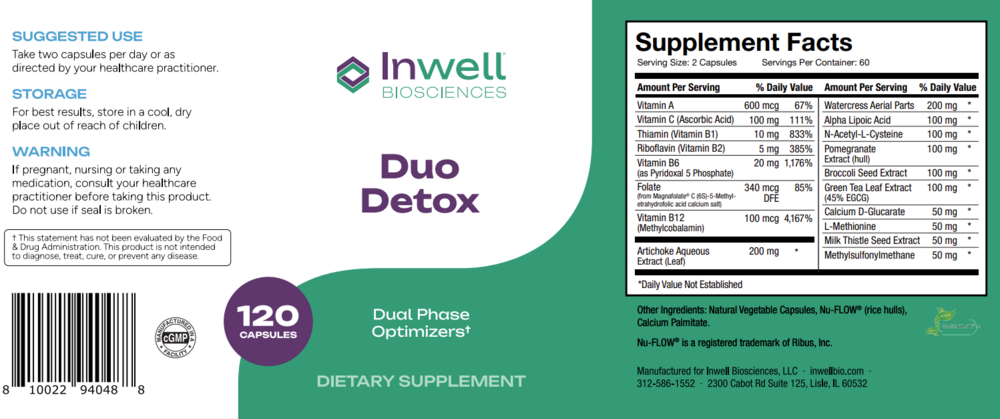 Duo Detox 120 capsules by Inwell Biosciences supplement facts label and recommendations label