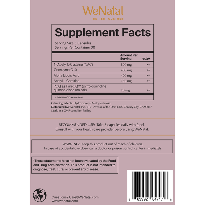 Egg Quality + 90 Capsules by WeNatal supplement facts label
