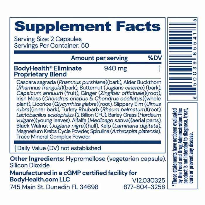 Eliminate 100 Capsules by BodyHealth Supplement Facts 