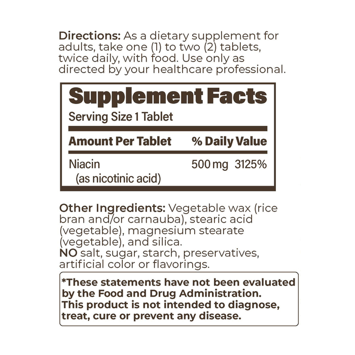 Endur-Acin ER 500mg 100 Tablets by Endurance Products supplement facts
