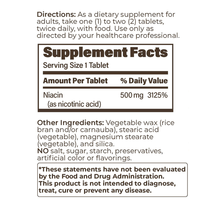 Endur-Acin ER 500mg 100 Tablets by Endurance Products supplement facts
