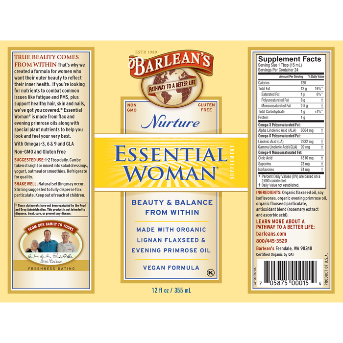 Essential Woman 12 fl oz by Barlean's Organic Oils recommendations and suppplement facts label