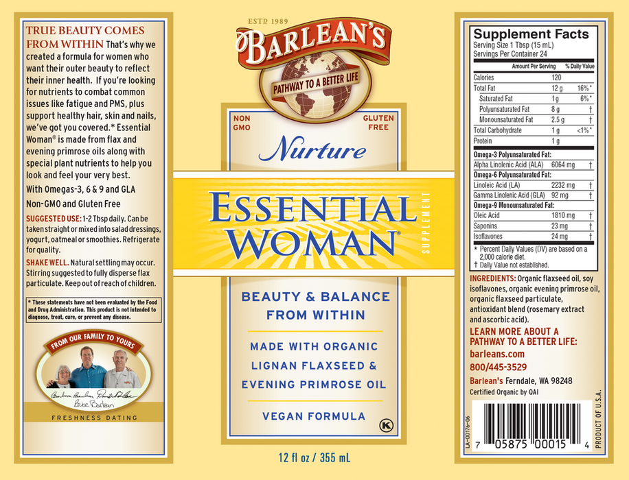Essential Woman 12 fl oz by Barlean's Organic Oils recommendations and suppplement facts label
