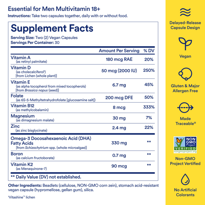 Essential for Men Multivitamin 18+ 60 Capsules by Ritual supplement facts label
