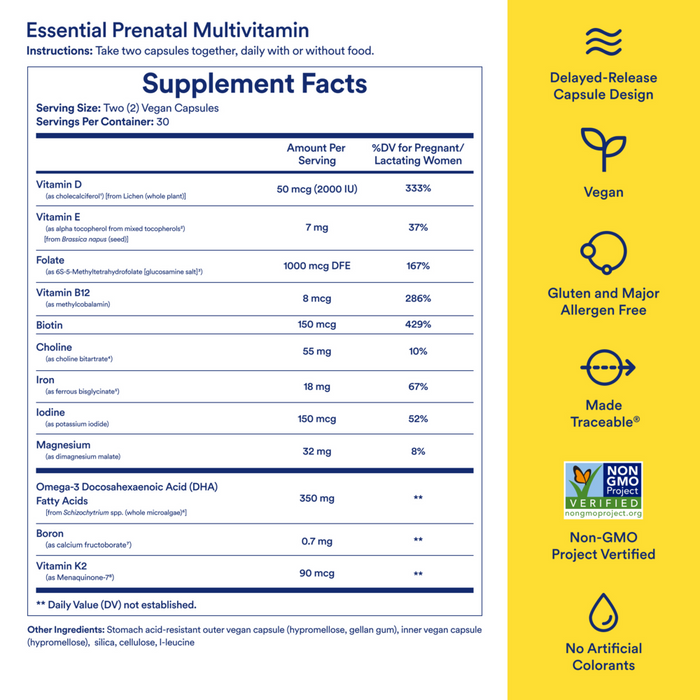 Essential for Women Prenatal Multivitamin 60 Capsules by Ritual supplement facts label
