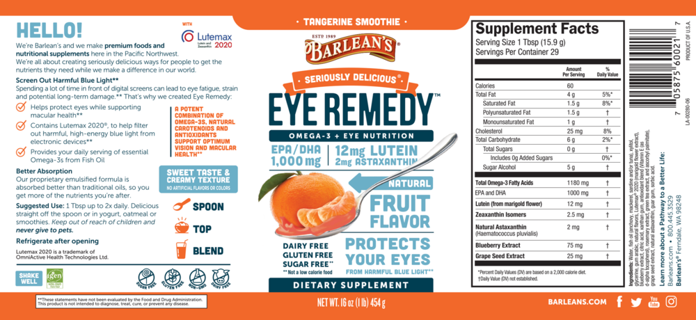 Eye Remedy Tangerine Swirl 16 fl oz by Barlean's Organic Oils label