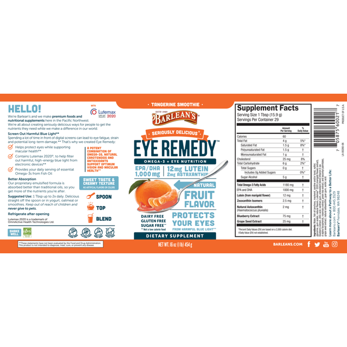 Eye Remedy Tangerine Swirl 16 fl oz by Barlean's Organic Oils label