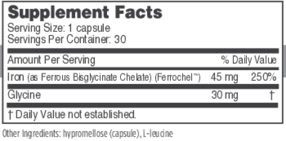 Ferrosolve 30 Capsules by NBI Supplement Facts Label
