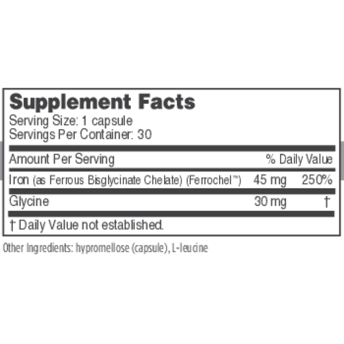 Ferrosolve 30 Capsules by NBI Supplement Facts Label