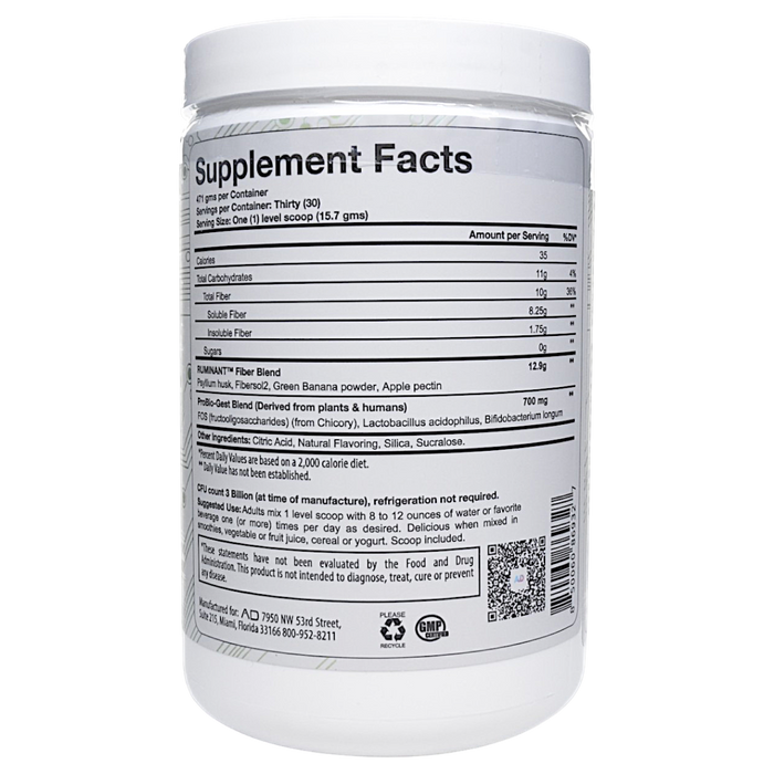 Project AD's Fiber+ 30 servings Strawberry Banana Smoothie supplement facts label