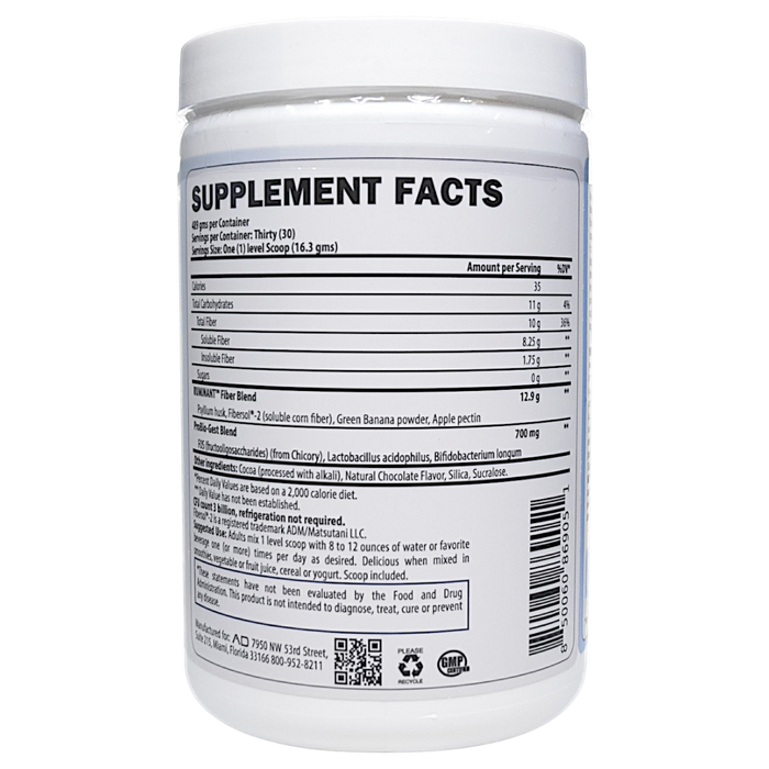 Project AD's Fiber+ 30 servings Swiss Chocolate supplement facts label