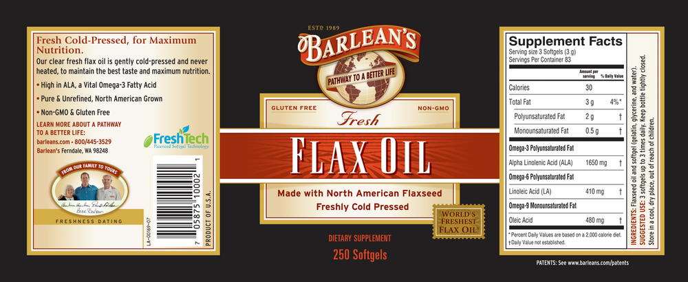 Flax Oil 250 Softgels by Barlean's Organic Oils recommendations and supplement facts label