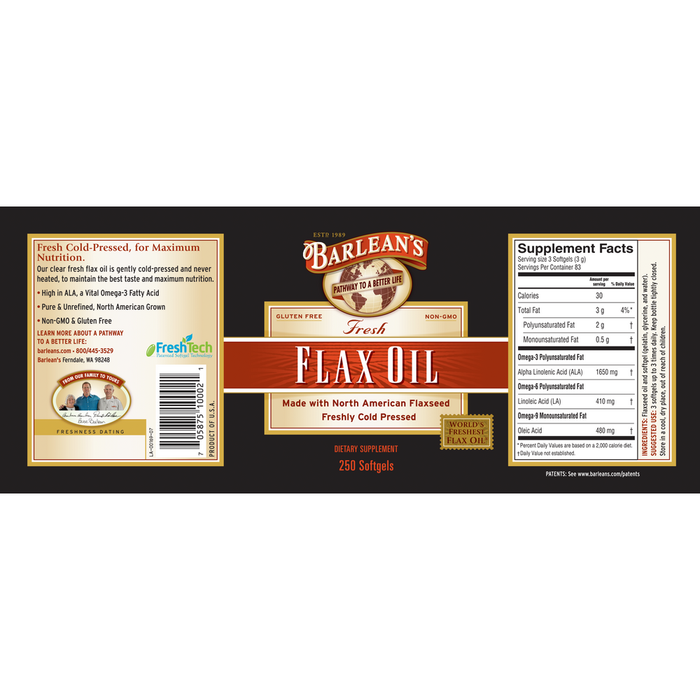 Flax Oil 250 Softgels by Barlean's Organic Oils recommendations and supplement facts label