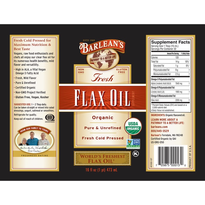 Flax Oil by Barlean's Organic Oils 16 fl oz supplement facts label