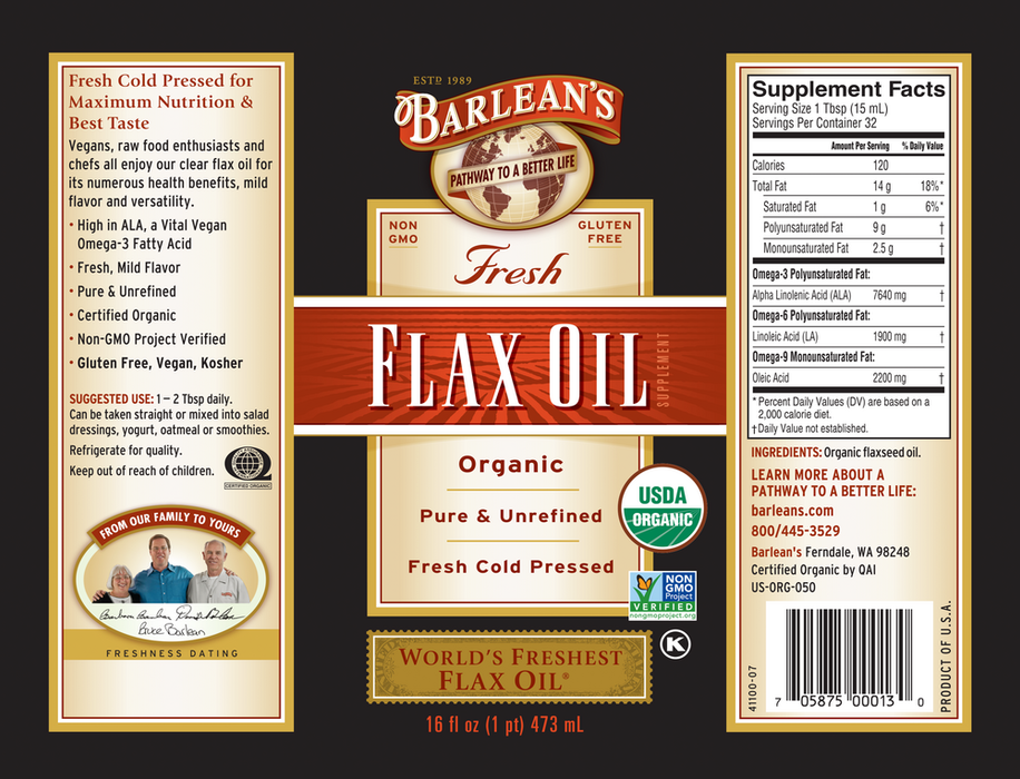 Flax Oil by Barlean's Organic Oils 16 fl oz supplement facts label