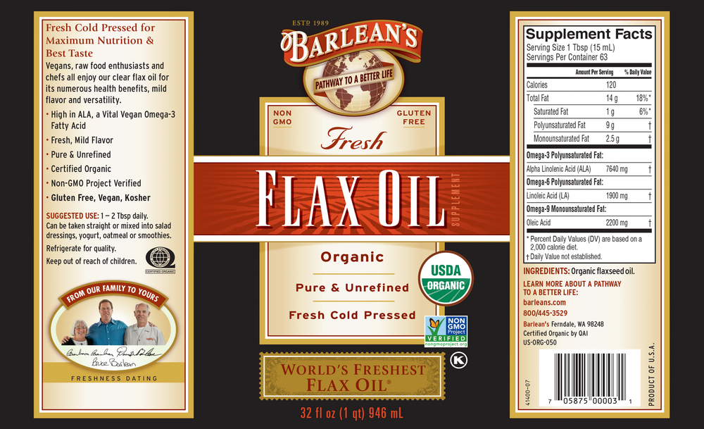 Flax Oil by Barlean's Organic Oils  32 fl oz supplement facts label