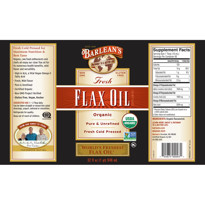 Flax Oil by Barlean's Organic Oils  32 fl oz supplement facts label