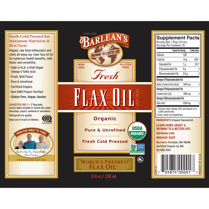 Flax Oil by Barlean's Organic Oils 8 fl oz supplement facts label