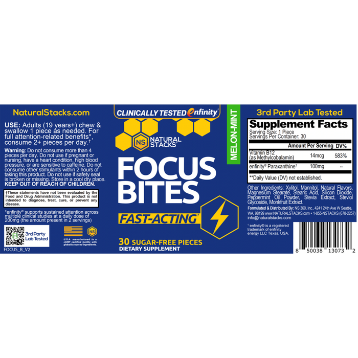 Focus Bites 30 Pieces by Natural Stacks supplement facts label and recommendations label