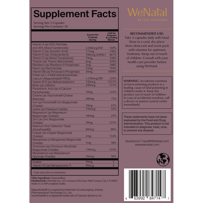For Her Prenatal 90 Capsules by WeNatal supplement facts label
