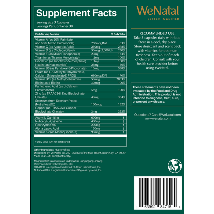 For Him Prenatal 90 Capsules by WeNatal supplement facts label
