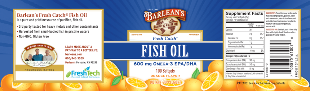 Fresh Catch Fish Oil Orange Flavor 100 Softgels by Barlean's Organic Oils recommendations and supplement facts label
