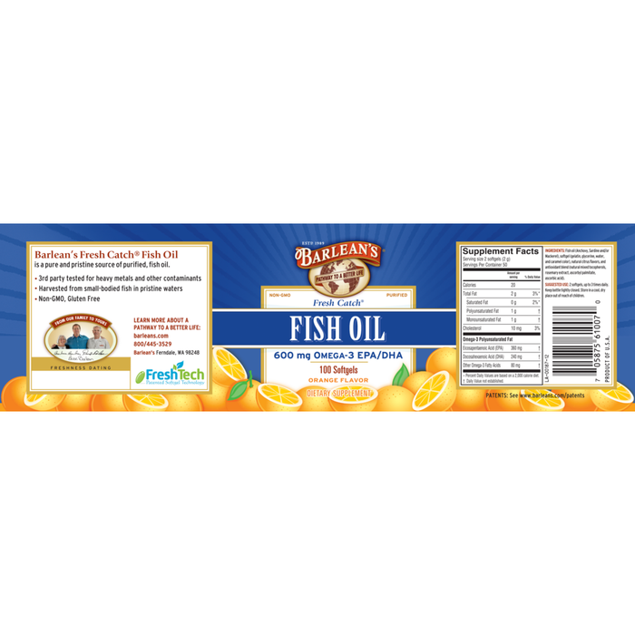 Fresh Catch Fish Oil Orange Flavor 100 Softgels by Barlean's Organic Oils recommendations and supplement facts label