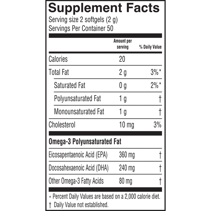 Fresh Catch Fish Oil Orange Flavor 100 Softgels by Barlean's Organic Oils supplement facts label