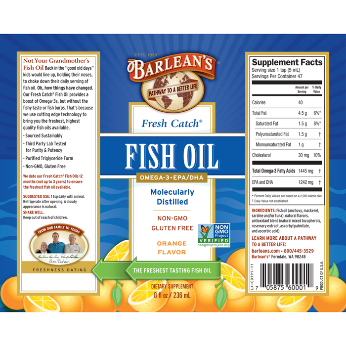 Fresh Catch Fish Oil Orange Flavor Liquid 8 fl oz by Barlean's Organic Oils recommendations and supplement facts label