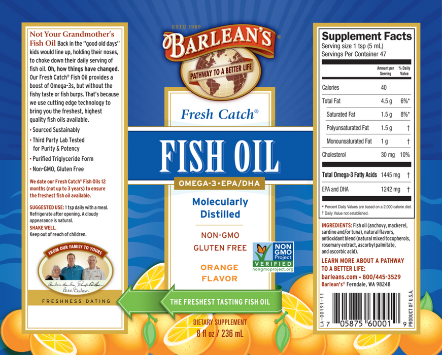 Fresh Catch Fish Oil Orange Flavor Liquid 8 fl oz by Barlean's Organic Oils recommendations and supplement facts label
