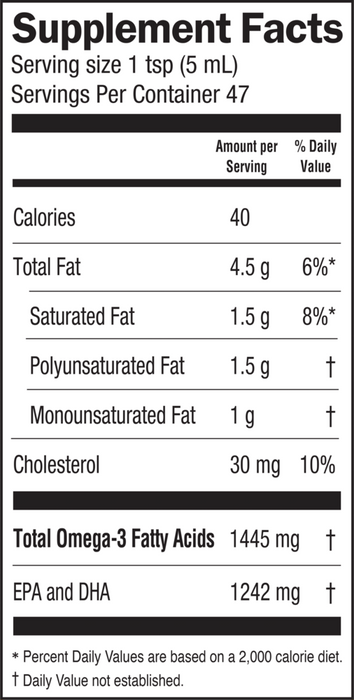 Fresh Catch Fish Oil Orange Flavor Liquid 8 fl oz by Barlean's Organic Oils supplement facts label