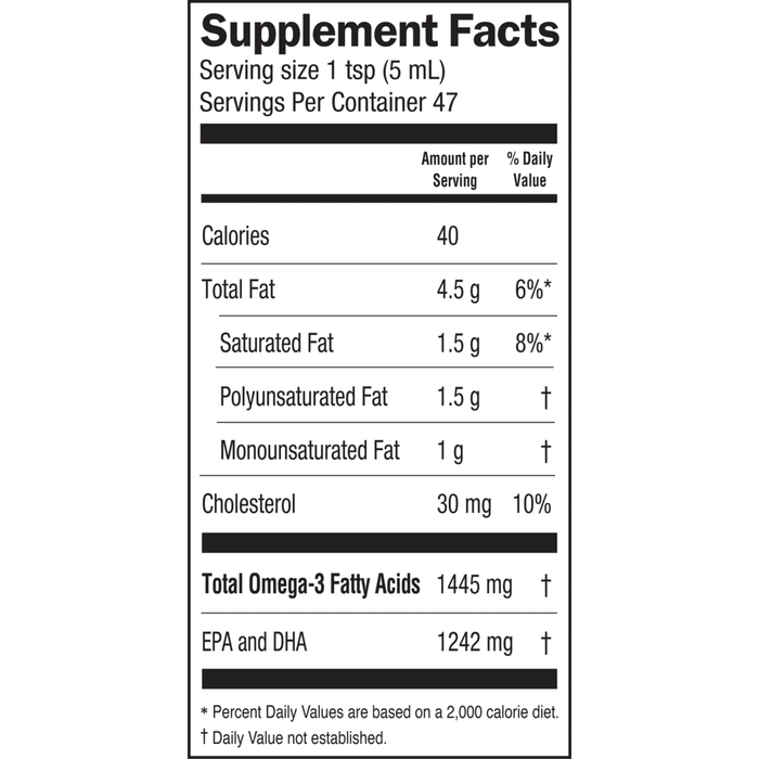 Fresh Catch Fish Oil Orange Flavor Liquid 8 fl oz by Barlean's Organic Oils supplement facts label