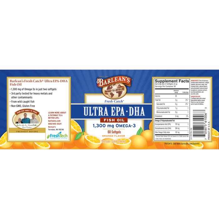 Fresh Catch Ultra EPA-DHA 60 Softgels by Barlean's Organic Oils recommendations and supplement facts label