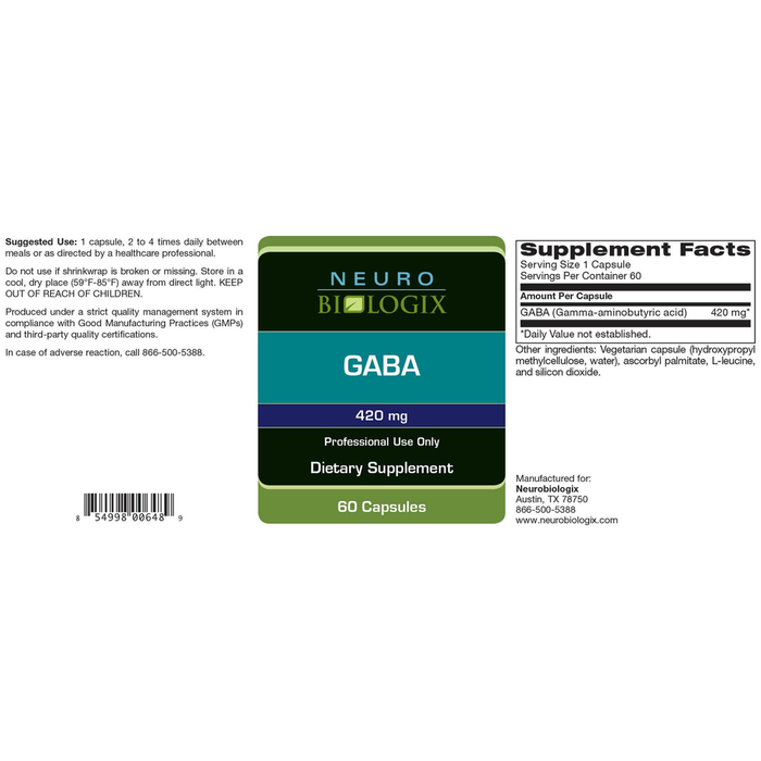 GABA 420mg 60 Capsules by Neurobiologix Supplement Facts