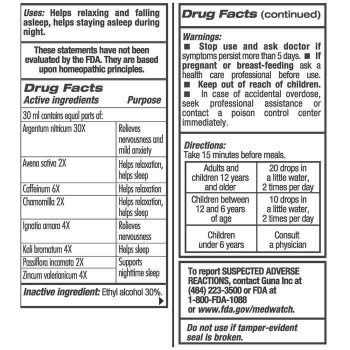 GUNA Sleep Support 1 fl oz by Guna supplement facts 
