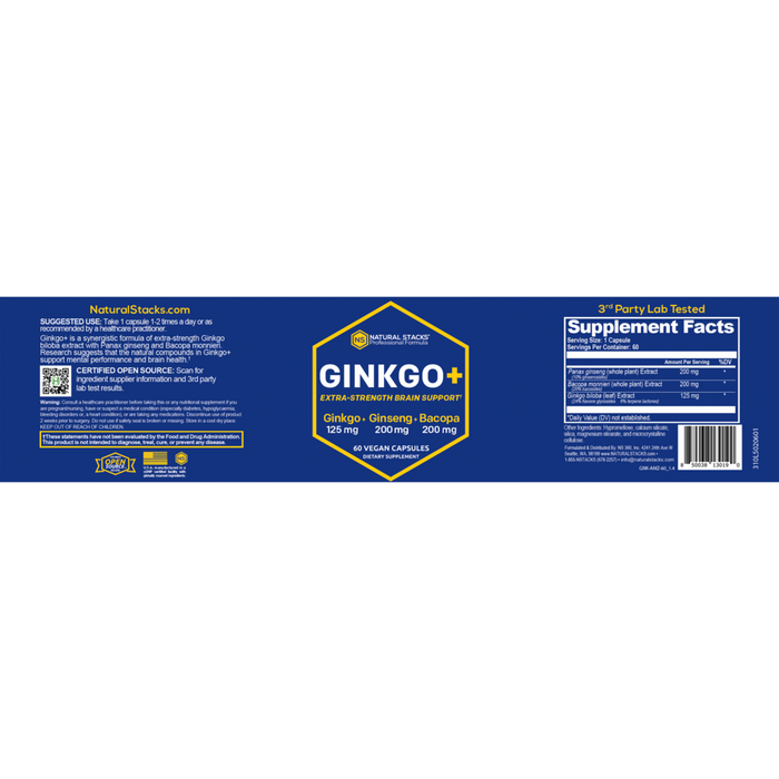 Ginkgo+ 60 Capsules by Natural Stacks supplement facts label and recommendations label
