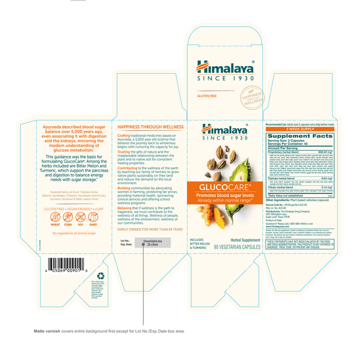 GlucoCare 90 Capsules by Himalaya Wellness information label 
 