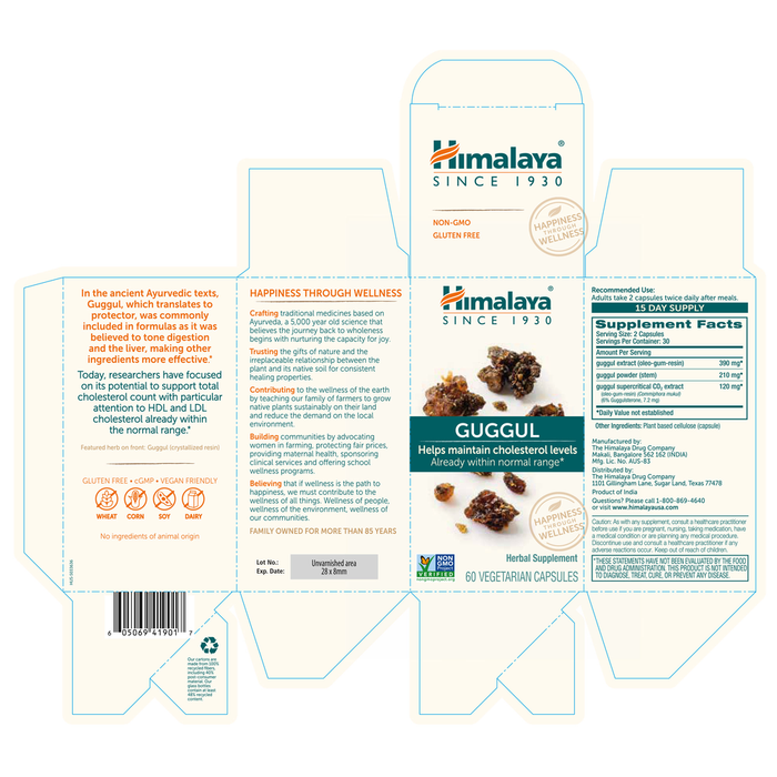 Guggul 60 Capsules by Himalaya Wellness information label 
