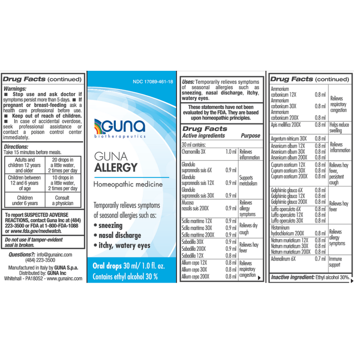 Guna Allergy 1 fl oz by Guna information label
