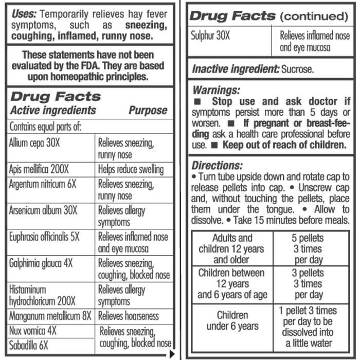Guna Hay Fever Relief 2 Count by Guna supplement facts label
