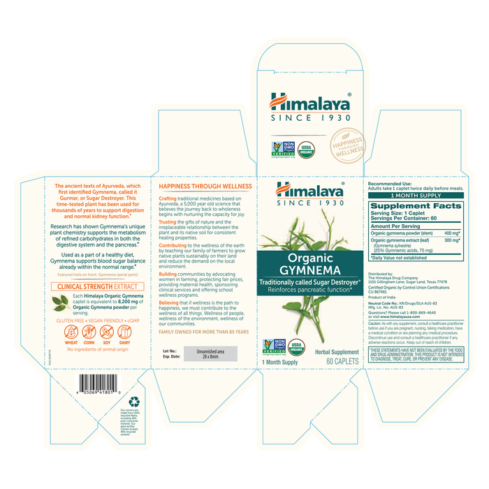 Gymnema 60 Capsules by Himalaya Wellness information label 
