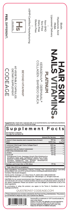 Hair Skin Nails Vitamins Platinum 60 Capsules by CodeAge information facts label
