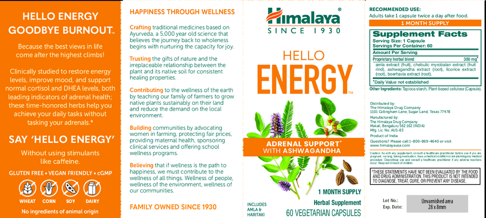 Hello Energy 60 Capsules by Himalaya Wellness information label 
 