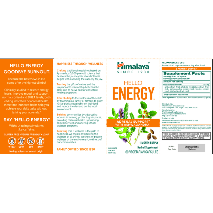 Hello Energy 60 Capsules by Himalaya Wellness information label 
 