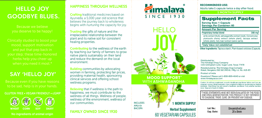 Hello Joy 60 Capsules by Himalaya Wellness information label 

