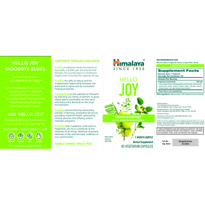 Hello Joy 60 Capsules by Himalaya Wellness information label 

