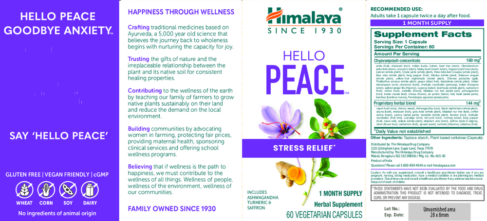 Hello Peace 60 Capsules by Himalaya Wellness supplement facts label

