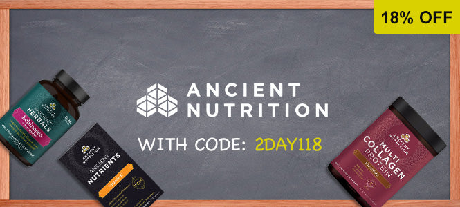 Ancient Nutrition promotional banner featuring three supplement products on a dark chalkboard-style background with a yellow 18% OFF badge in the top right. Products include a teal bottle labeled Herbal Supplements, a black pouch labeled Nutrients, and a dark red tub labeled Multi Collagen Protein.